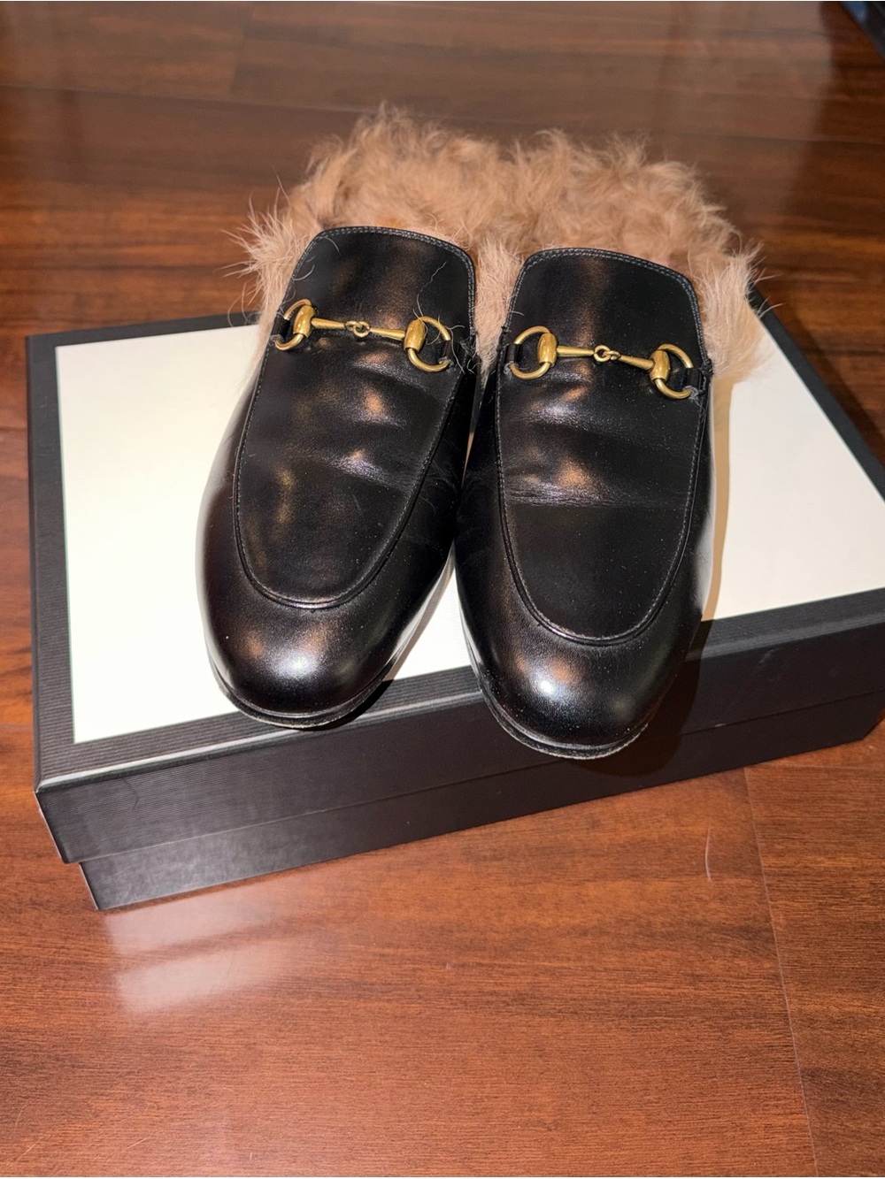 Gucci Calfskin Fur Womens Princetown Slippers Mules